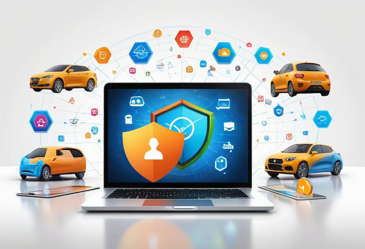 A digital marketplace scene with various insurance icons like a shield, health, home, and car, floating around glowing user interfaces. Users using laptops and smartphones with graphs and analytics in the background. super-realistic. vibrant colors. white background.