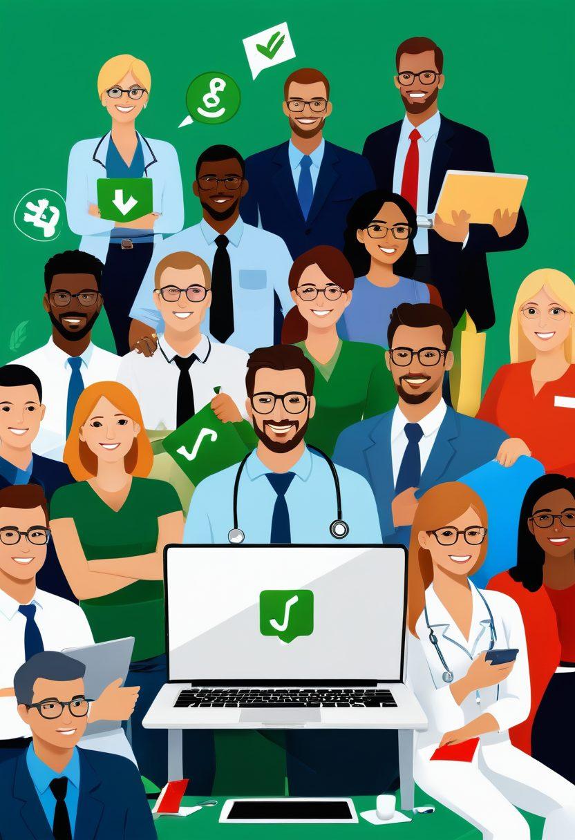 Illustration of a diverse group of happy people of various ages and professions surrounding a laptop displaying insurance policies with green checkmarks. The background features simple, clean icons representing different insurance types like health, home, and car. Overlay a search bar with the text 'Compare Quotes' and a dollar sign indicating affordability. Vector art. Vibrant colors. White background.